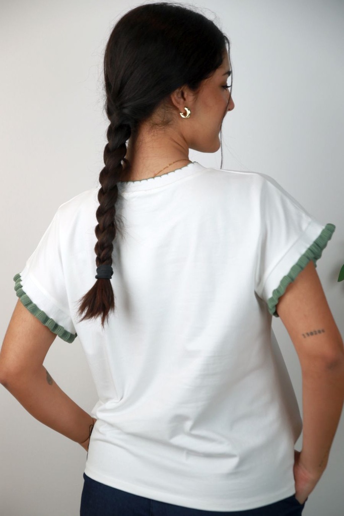 [201446] T-shirt Nassir nm92 Dachshund print franje mouwen - Wit-groen Detail