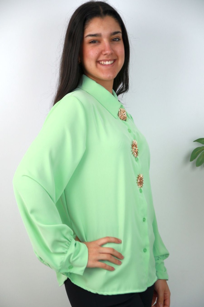 [201148] Blouse Roos met gouden broches - Muntgroen Detail