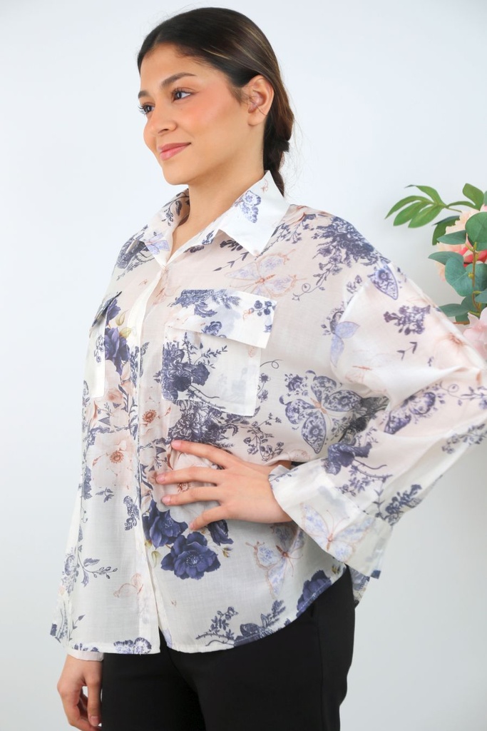 [201352] Tencel overhemd Simon nm85 met twee borstzakken en polokraag - Donkerblauw-wit Detail