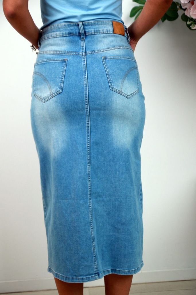 [201471] Denim rok Olan nm76 aanpassend met split midden vooraan - Denim used Detail