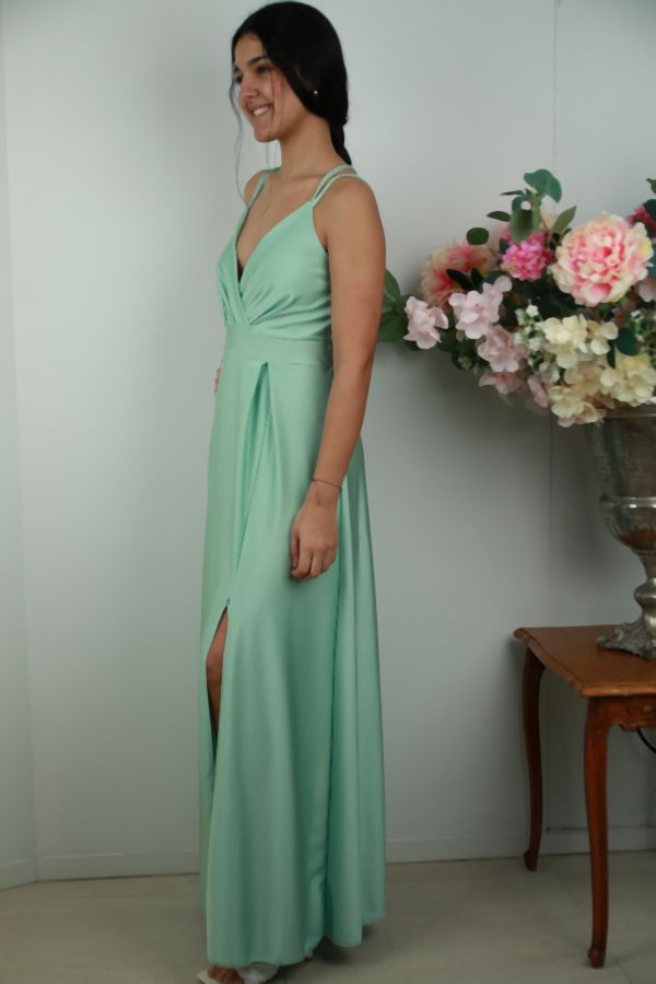 [201479] Satijnen jurk Robbert gekruiste buste en zijsplit - Muntgroen Detail