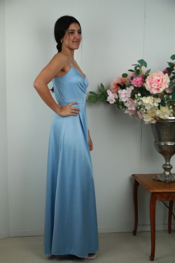 [201480] Satijnen jurk Ranomi met overslag buste en spaghettibandjes - Hemelsblauw Detail