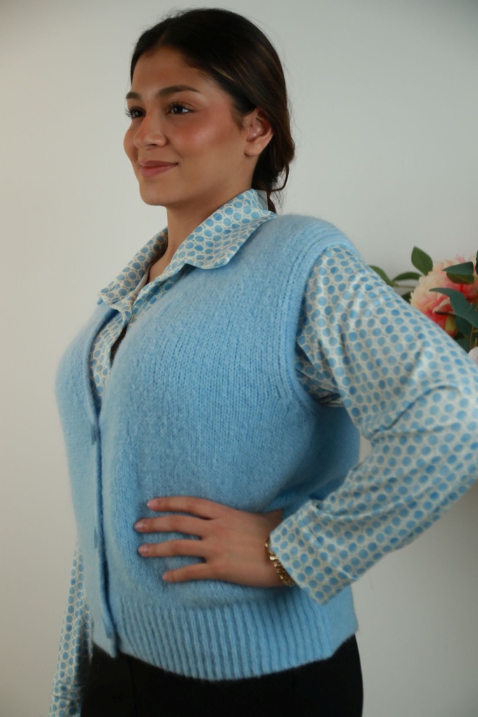 [201397] Debardeur Senn nm20 mohair V-hals 3 knopen - Lichtblauw Detail