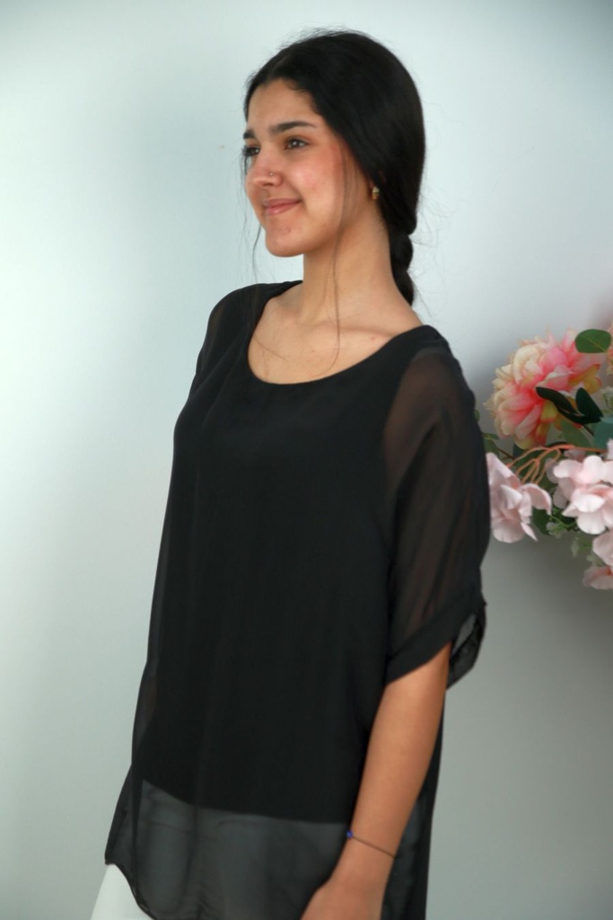 [201373] Zijde tuniek Omaima nm99 open hals en rug geknoopt lint - Zwart Detail