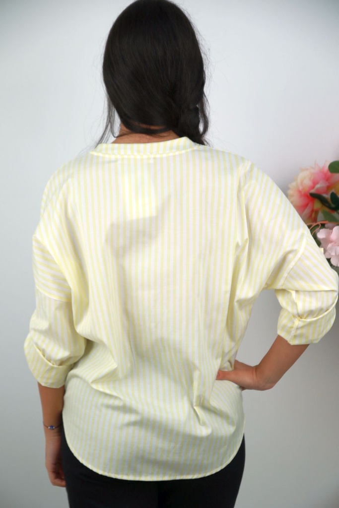 [201365] Blouse Oussama nm42 vertikaal gelijnd Tunesische kraag oplegbloem - Geel-wit Detail