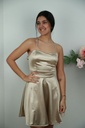 [201392] Cocktailjurk Ouissal satijn spaghettibandjes open rug met gekruist lint - Beige Detail