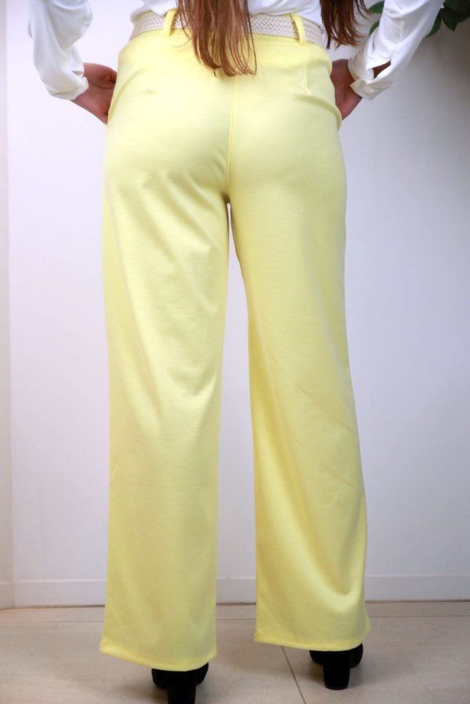 [201484] Broek Oways piqué wijde pijp structuurstof  gevlochten eco leren riem - Geel Detail