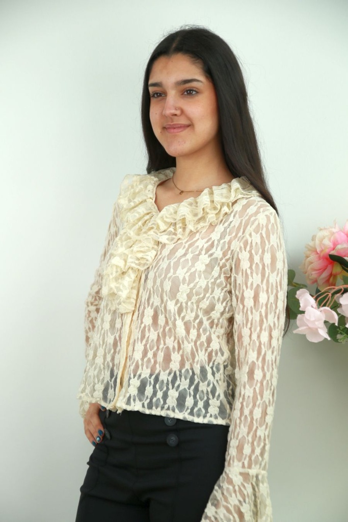 [201550] Blouse Nard kant v-hals jabotkraag trompetmouw - Beige Detail
