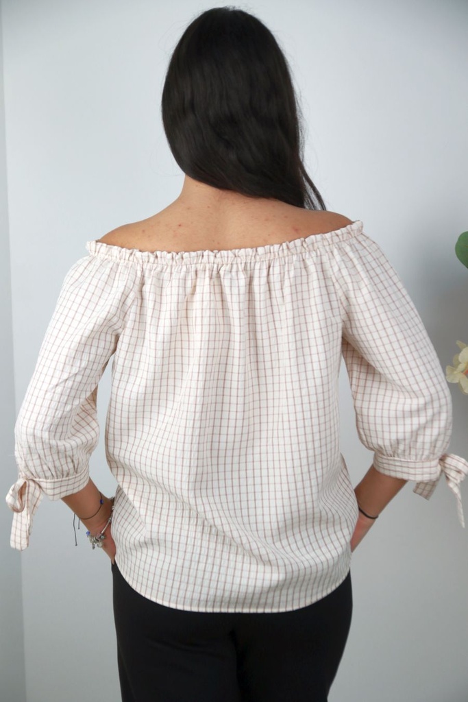 [201580] Geruite blouse Nyk nm85 off-shoulder striklint mouwen - Lichtbeige-bruin Detail