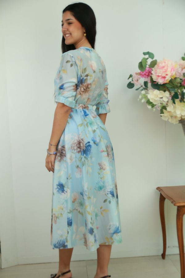 [201591] jurk Nomé nm85 bloemenprint taillebinder gevoerd - Hemelsblauw Detail