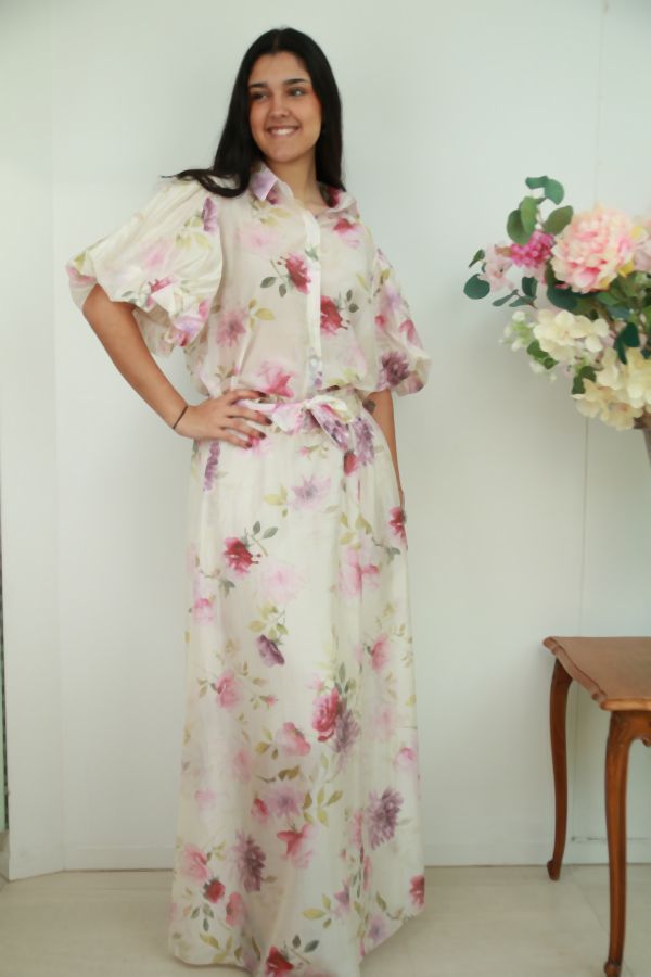 [201593] Setje Noell nm85 blouse pofmouw en lange rok  - Lichtbeige Detail