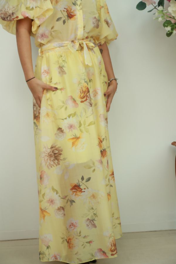 [201593] Setje Noell nm85 blouse pofmouw en lange rok  - Lichtgeel Detail