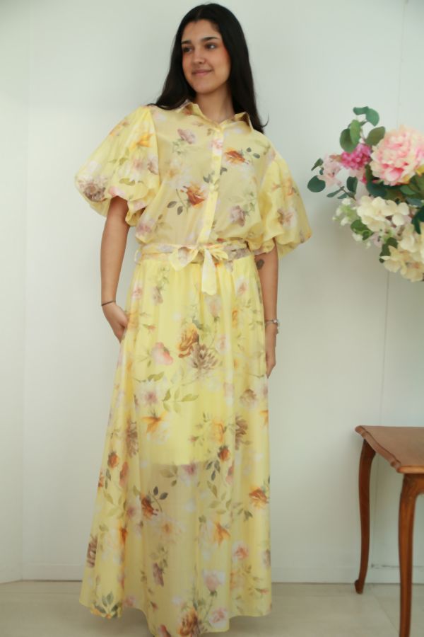 [201593] Setje Noell nm85 blouse pofmouw en lange rok  - Lichtgeel Detail