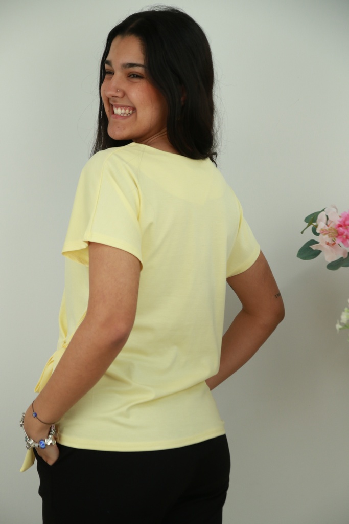 [201594] T-shirt Nylah nm66 geknoopte strik zijkant ronde hals - Lichtgeel Detail
