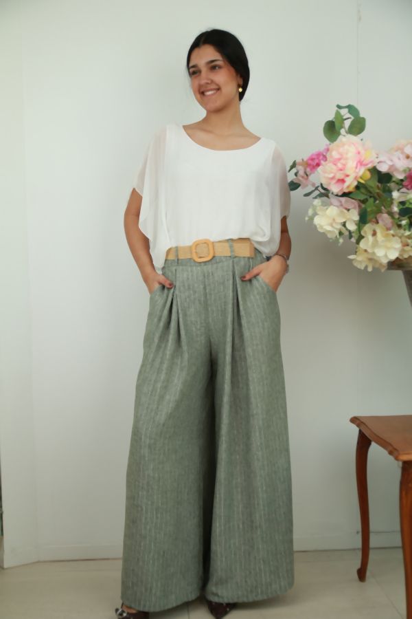 [201598] Broek Nerea wijde pijpen lurex krijtstreep  - Kaki Detail