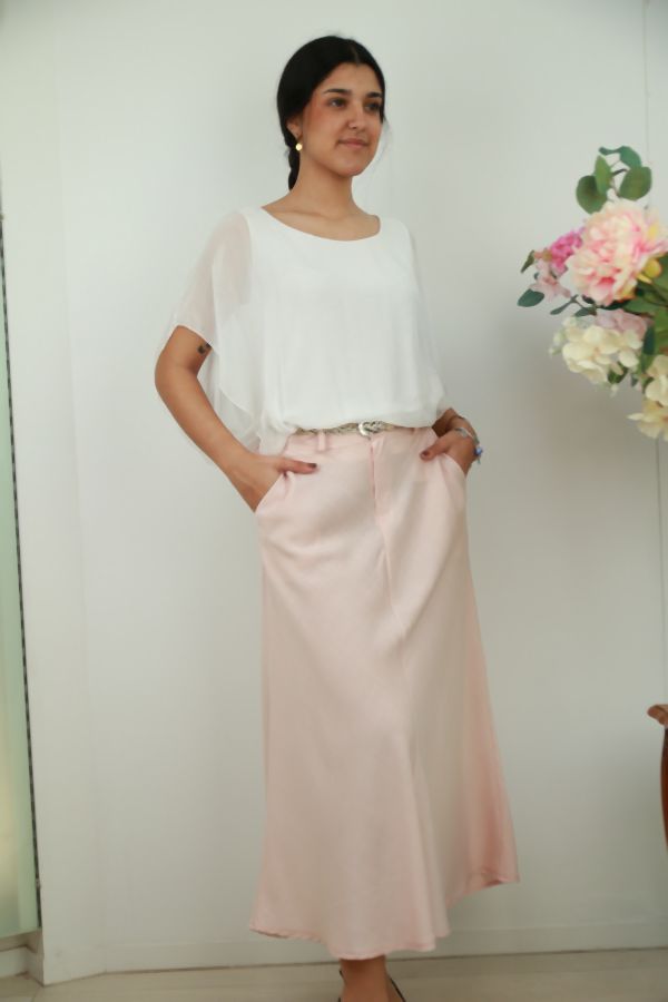 [201599] Lange uitlopende rok Noomi nm100 met gevlochten taillebinder - Roze Detail