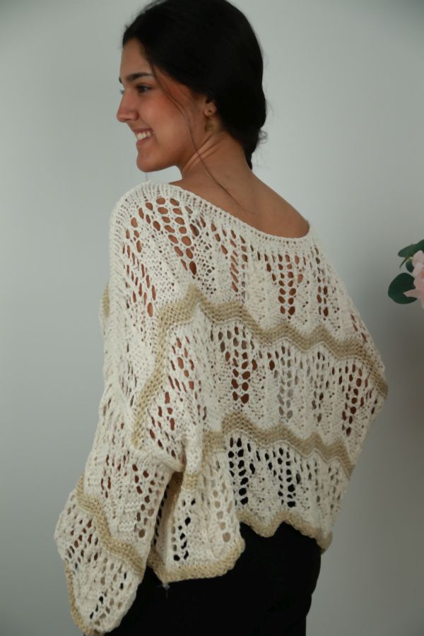 [201602] Pull Neveah nm80 ajour-steek lurexgaren ronde hals - Lichtbeige-goud Detail