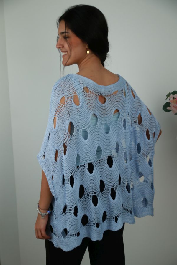 [201603] Pull Nomy ajour-steek vleermuismouw ronde hals - Blauw Detail