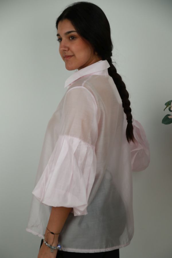 [201609] Blouse Nees nm85 3/4 pofmouw nacré doorgeknoopt - Roze Detail