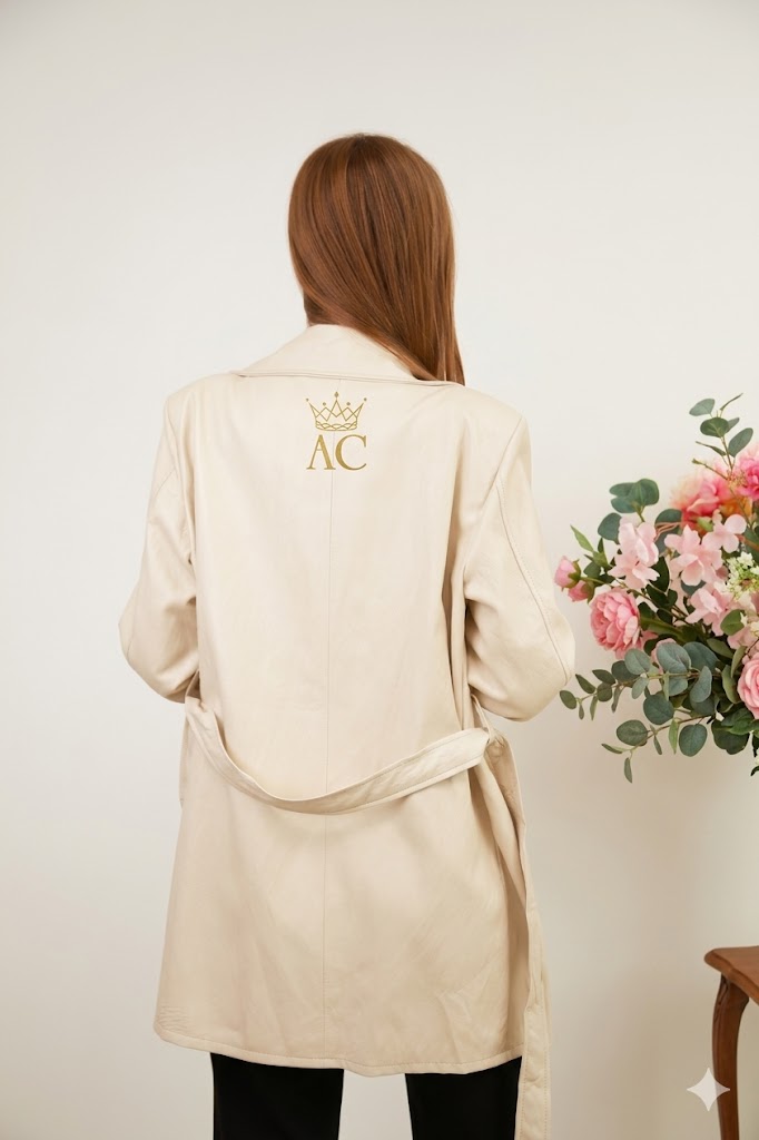 [201620] Eco leren jas Omri grote puntkraag dubbel rij knopen mouwepaulet - Beige Detail