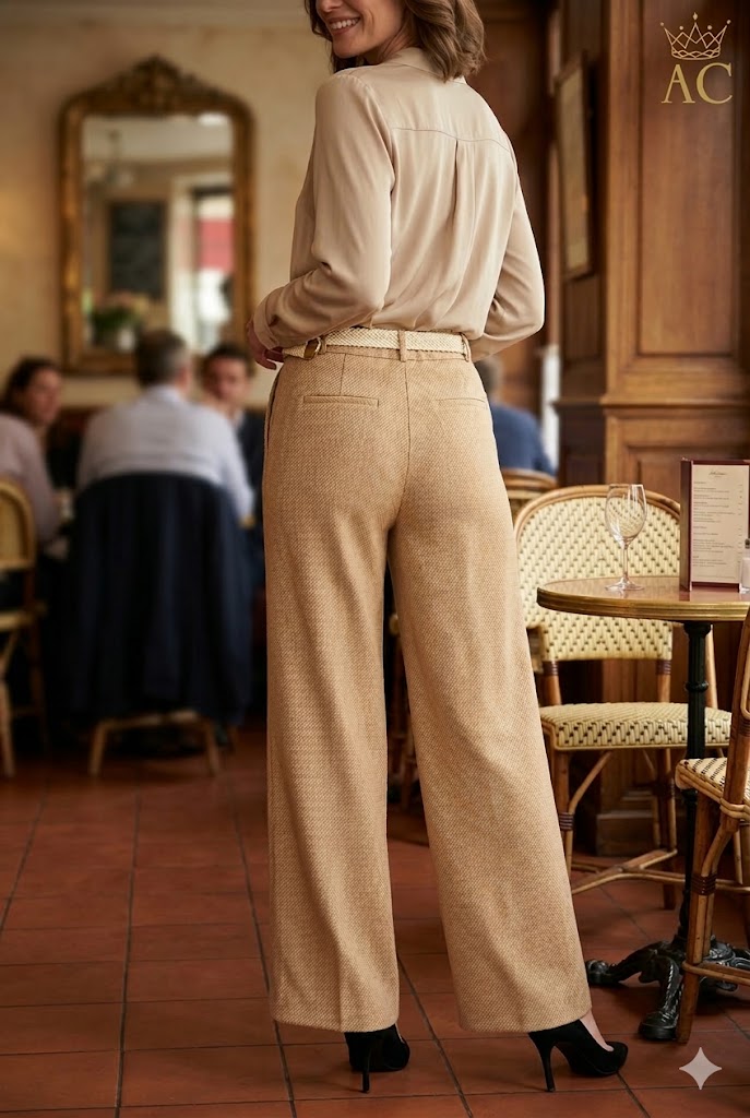 [201626] Broek Onah fijn diagonaal gelijnd met kruis wijde pijp eco leren riem - Camel Detail