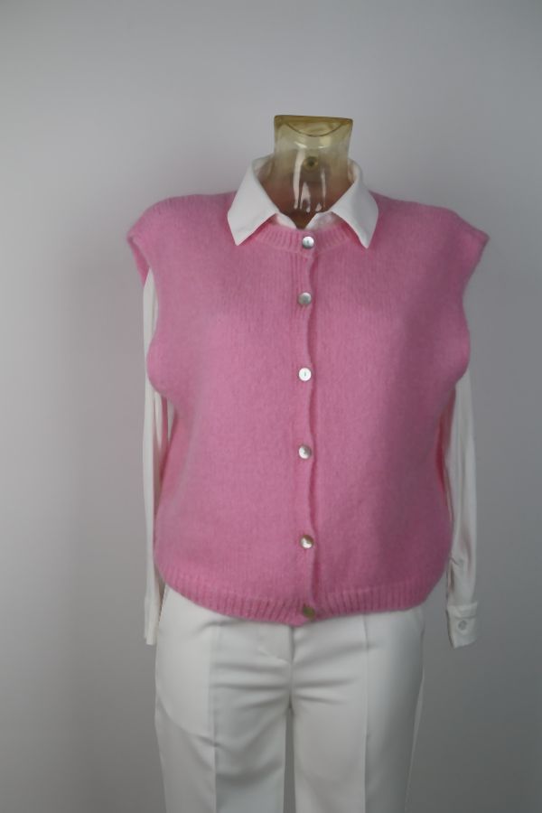 [201402] Gilet Sil nm65 mohair en wol, open hals, mouwloos met nacré knopen - Roze Detail