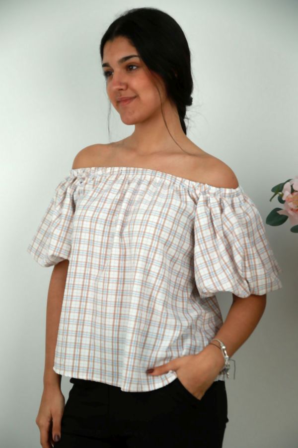 [201636] Blouse Nuna nm8 off-shoulder pofmouw  - Beige-blauw Detail