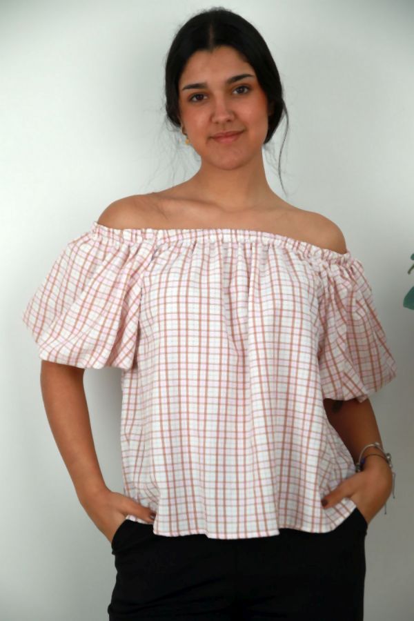 [201636] Blouse Nuna nm8 off-shoulder pofmouw  - Beige-roze Detail