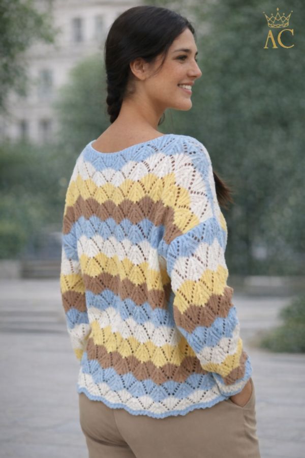 [201642] Pull Storm nm65 ajour gebreid open hals zigzaglijnen gebekte zoom - Detail