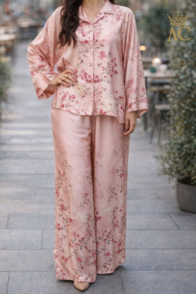 [201574] Tuniek en broek Senn nm100 bloesempatroon wijde mouw - Roze Detail