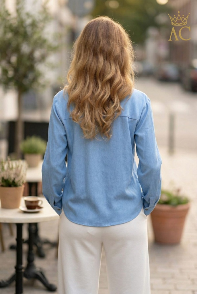 [201520] Halfgeknoopte blouse Rehan met polokraag nm100 - Denim light used Detail