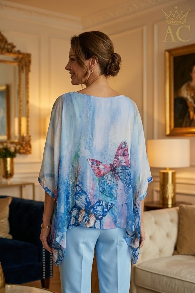 [201762] Zijden tuniek met tie dye en vlinders nm98 - Hemelsblauw-roze Detail