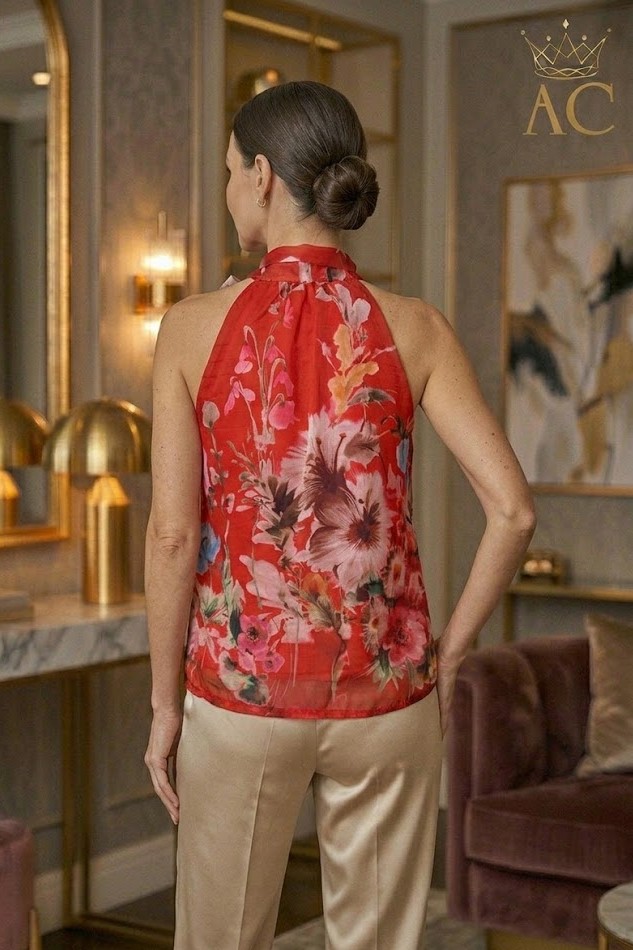 [201766] Tanktop bloemenblouse Rubin met strik nm90 - Rood-multicolor Detail