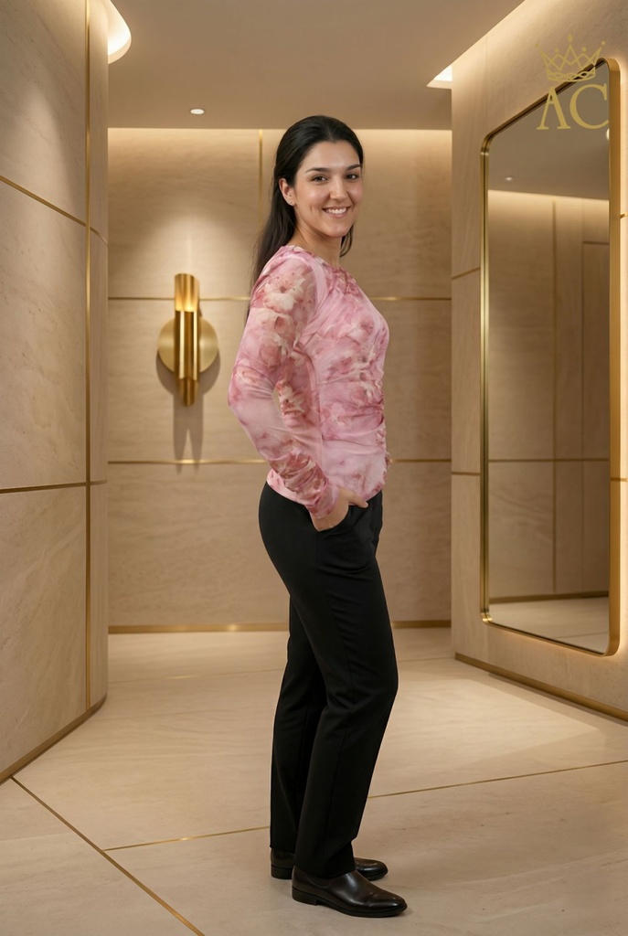 [201277] T-shirt Omayra nm43 anemonen op netstof gefronste taille en manchet - Roze Detail