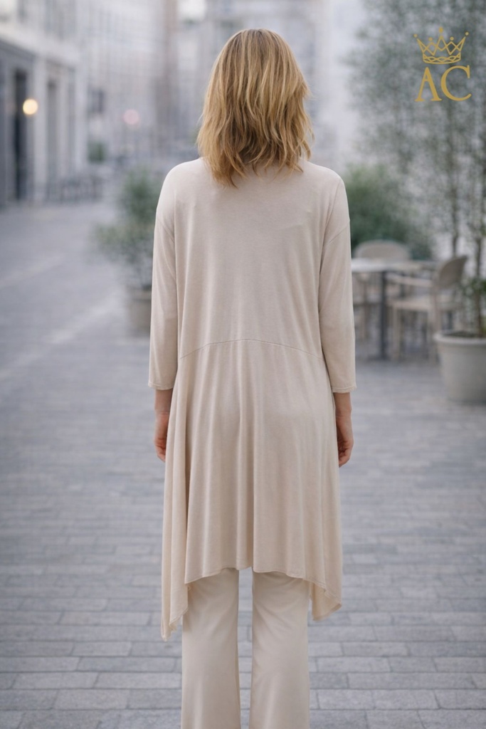 [201370] Owyn nm100 front in zijde sjaalkraag gepunt rug in viscose jersey - Beige Detail