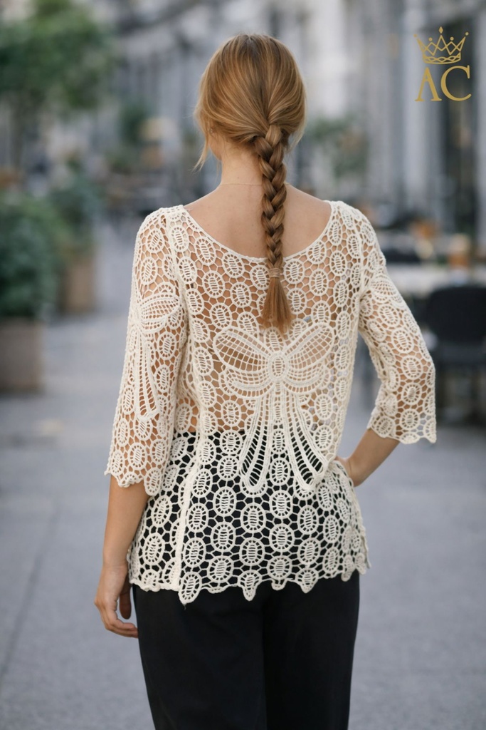 [201474] Tuniek Ome nm100 vlinder gehaakt open hals - Beige Detail