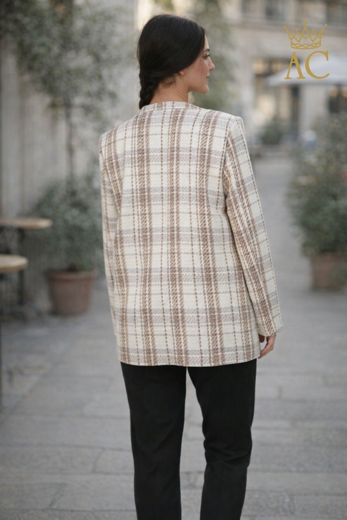 [201413] Blazer Nikay nopjesgaren geruit patroon reverskraag  - Wolwit-bruin Detail