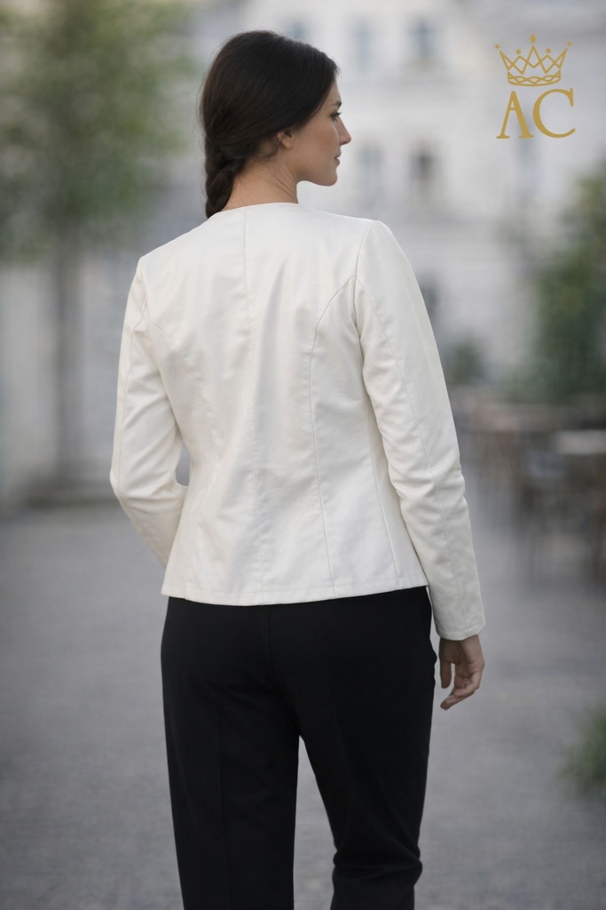 [201414] Korte jacket Nynthe eco leer ronde hals geen kraag - Wolwit Detail