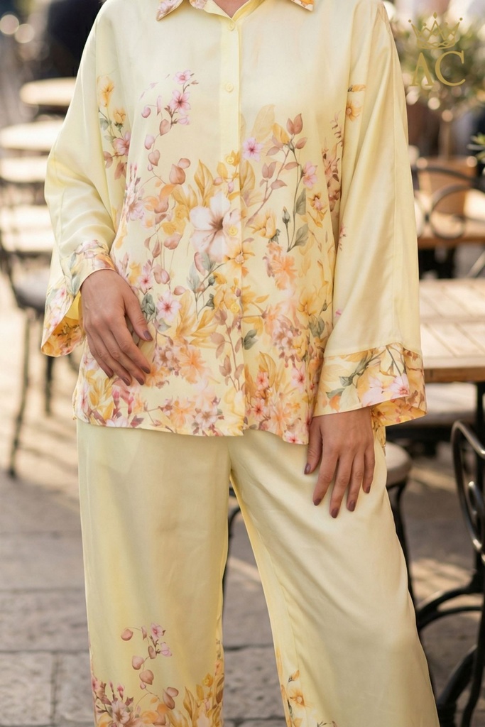 [201572] Tuniek en broek Stef nm100 bloemenbodem wijde mouw  - Geel Detail