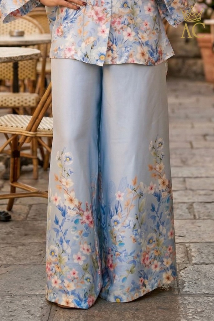 [201572] Tuniek en broek Stef nm100 bloemenbodem wijde mouw  - Lichtblauw Detail