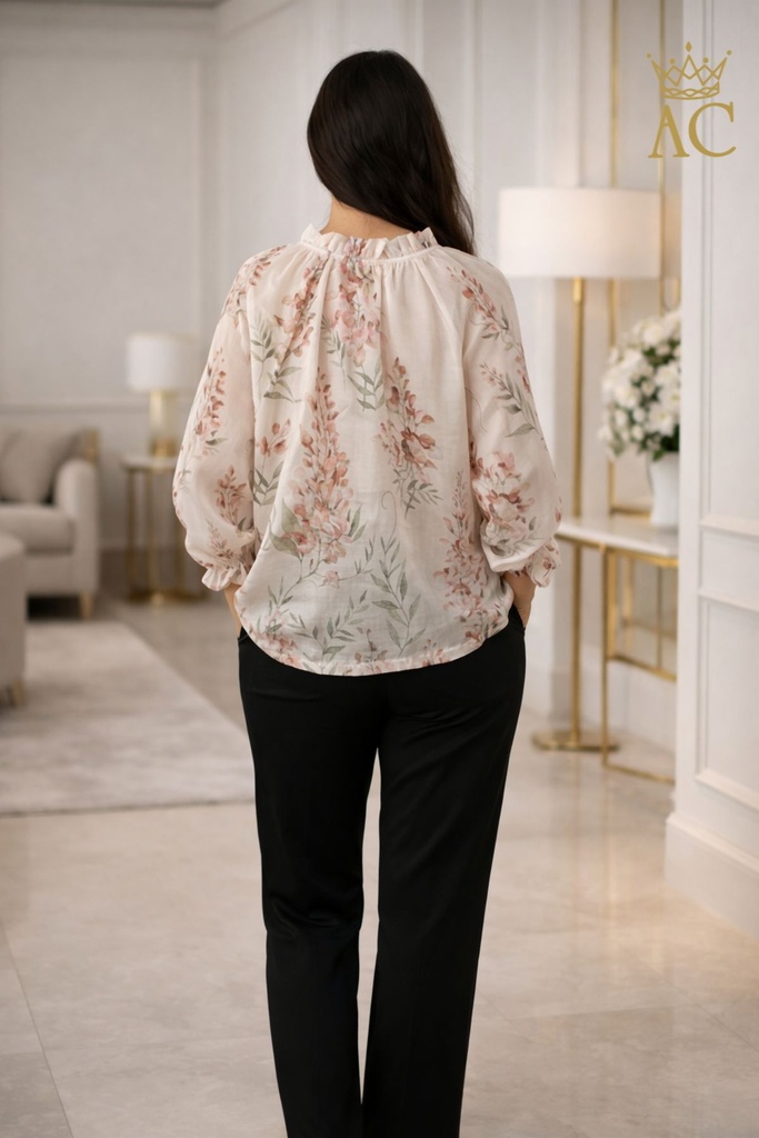 [201578] Blouse Sil Tencel 100nm vingerhoedskruid ruchekraag met split en strik wijde volantmanchet - Lichtbeige Detail