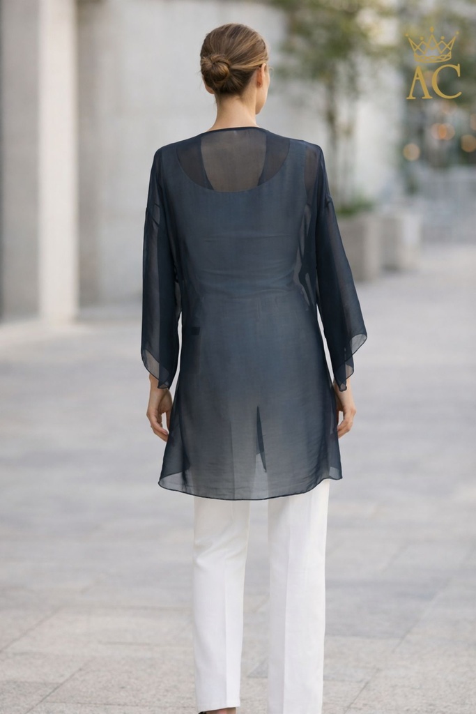 [201622] Jas Qamar nm100 gepunte zonder kraag brede trompet mouwen - Donkerblauw Detail