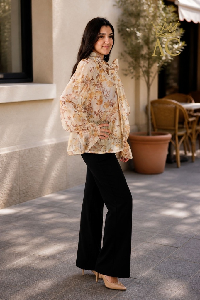 [201297] Bloemenblouse Roza met trompetmouw en strik nm85 - Beige-geel Detail