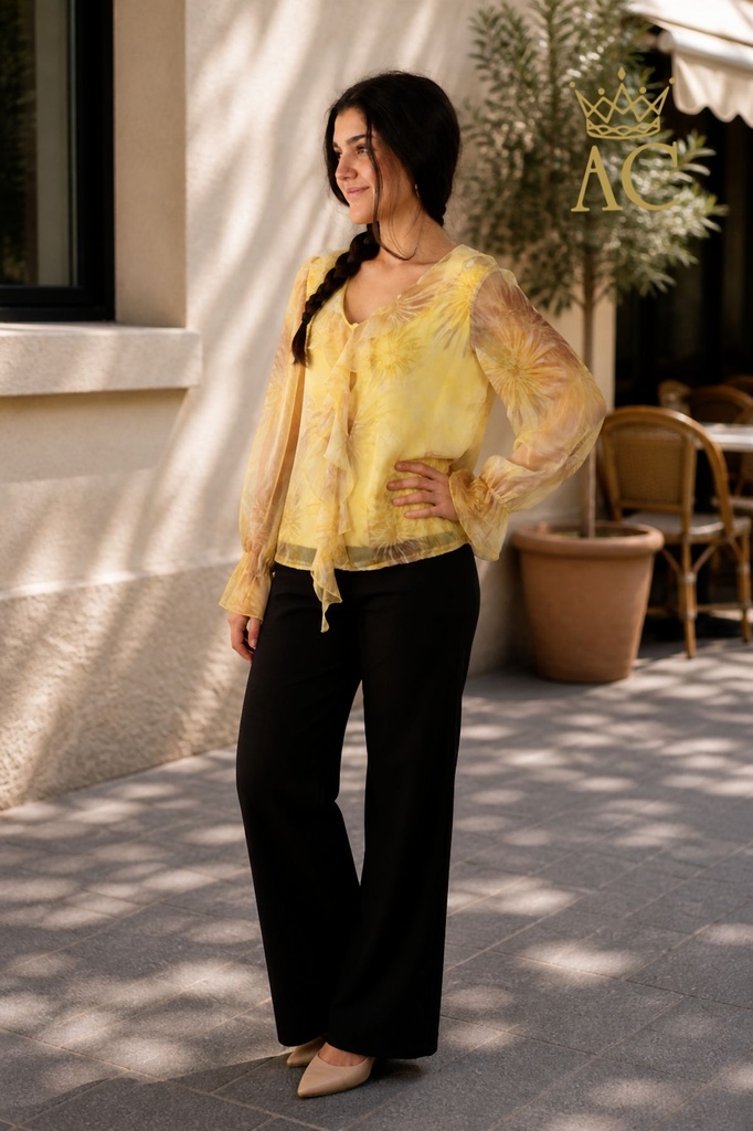 [201298] Gevoerde blouse Rida met volantkraag en trompetmouw nm47 - Geel-beige Detail