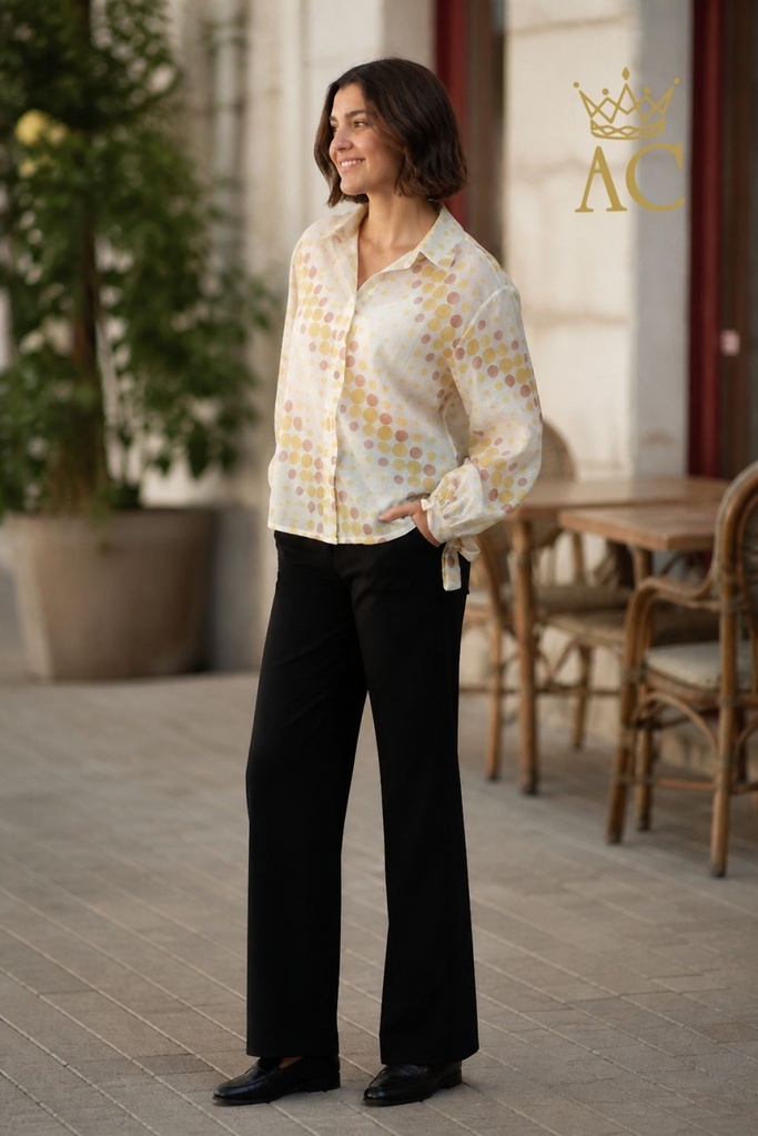 [201300] Blouse Rosan met diagonaal bolletjespatroon nm85 - Wolwit-geel Detail