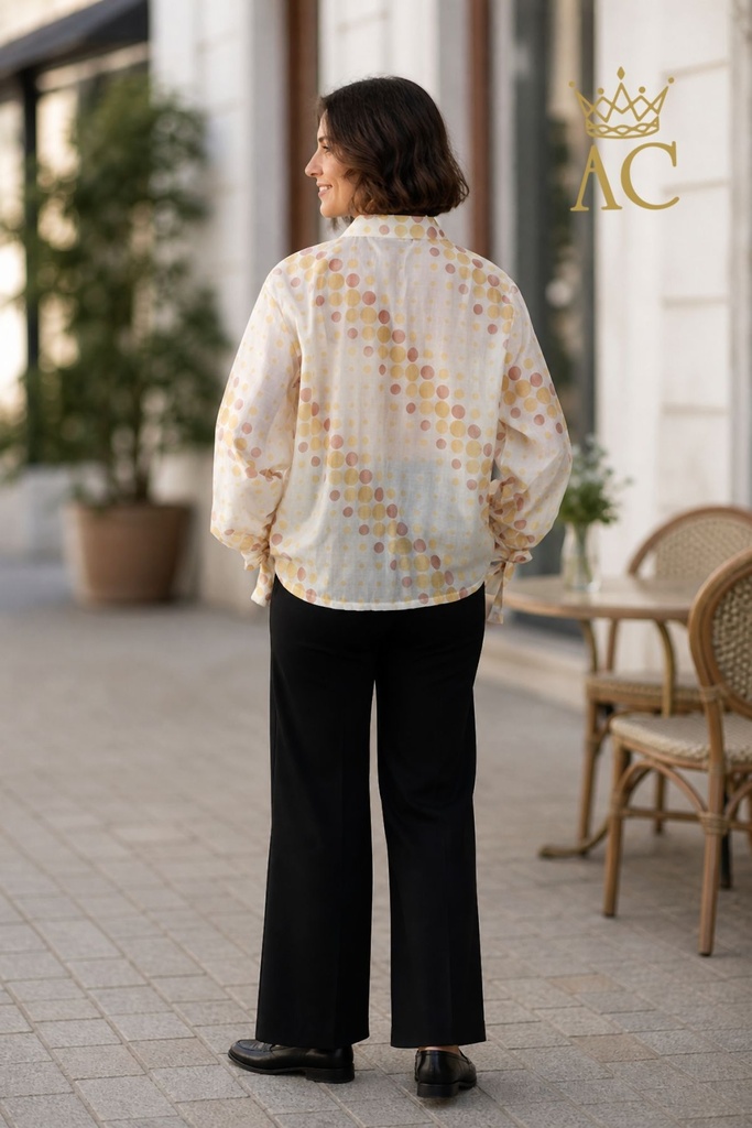 [201300] Blouse Rosan met diagonaal bolletjespatroon nm85 - Wolwit-geel Detail