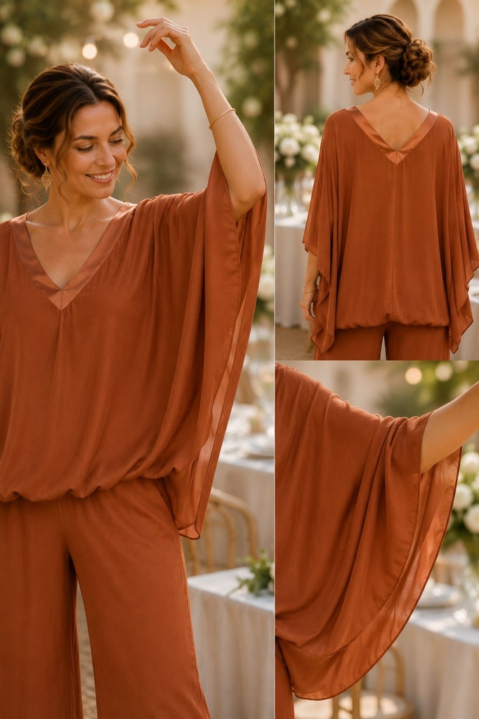 [202097] Blouse Skyler nm97 glanzende v-hals vooraan en achteraan wijde mouw en gepofte zoom - Roestbruin Detail