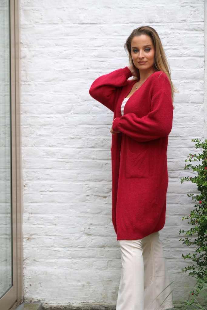 Tricot 7/8ste jas Liya nm25 kraagloze V-hals - Indisch rood Detail
