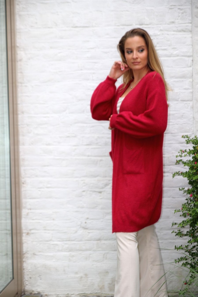 Tricot 7/8ste jas Liya nm25 kraagloze V-hals - Indisch rood Detail