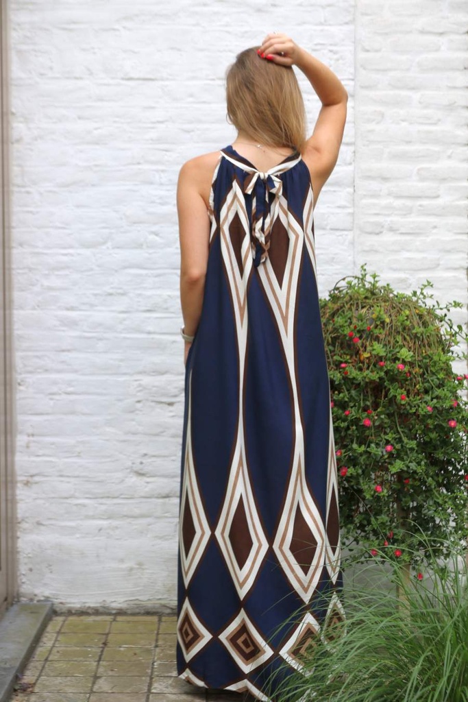 Long halter dress Myrthe with plaid nm100 - Donkerblauw-wolwit Detail